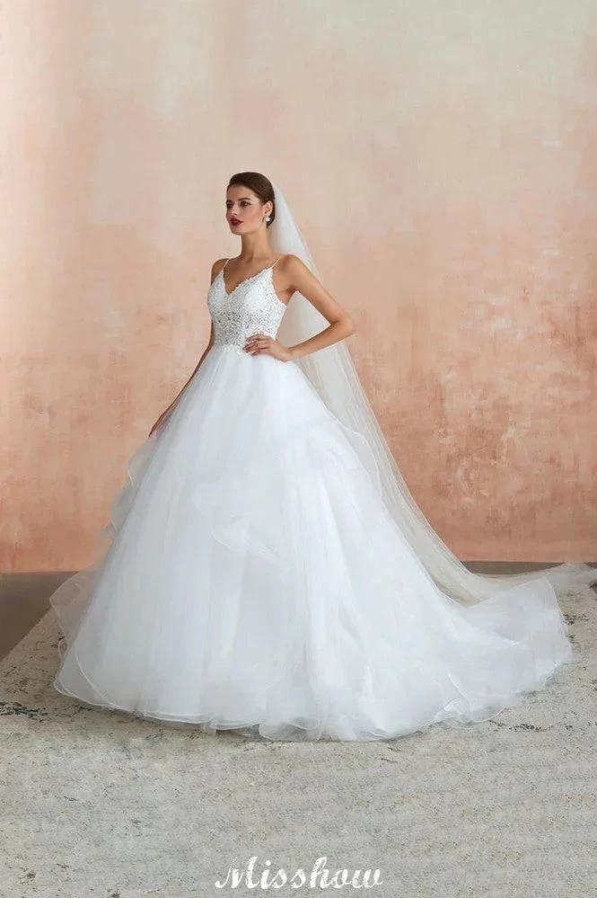 White Ball Gown Wedding Dress with Chapel Train, Spaghetti Strap See-through Lace up Bridal Gowns for Sale - Image 2