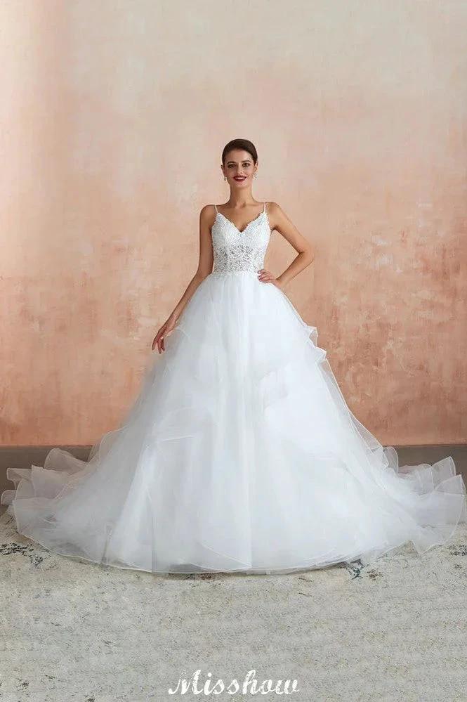White Ball Gown Wedding Dress with Chapel Train, Spaghetti Strap See-through Lace up Bridal Gowns for Sale - Image 3