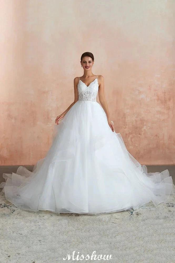 White Ball Gown Wedding Dress with Chapel Train, Spaghetti Strap See-through Lace up Bridal Gowns for Sale - Image 4