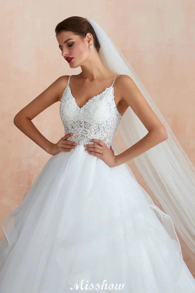 White Ball Gown Wedding Dress with Chapel Train, Spaghetti Strap See-through Lace up Bridal Gowns for Sale - Image 5