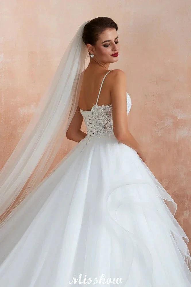 White Ball Gown Wedding Dress with Chapel Train, Spaghetti Strap See-through Lace up Bridal Gowns for Sale - Image 6