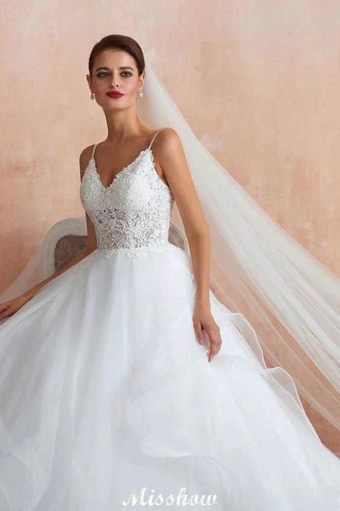 White Ball Gown Wedding Dress with Chapel Train, Spaghetti Strap See-through Lace up Bridal Gowns for Sale - Image 7