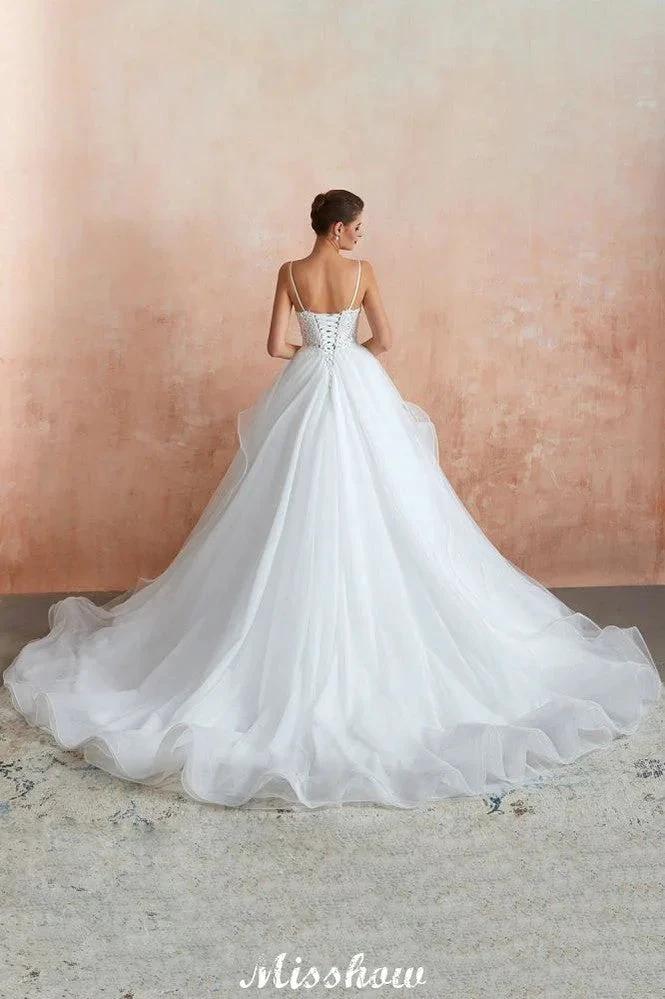 White Ball Gown Wedding Dress with Chapel Train, Spaghetti Strap See-through Lace up Bridal Gowns for Sale - Image 8