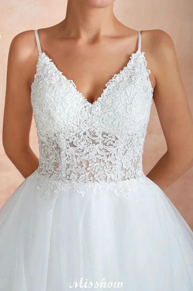White Ball Gown Wedding Dress with Chapel Train, Spaghetti Strap See-through Lace up Bridal Gowns for Sale - Image 9