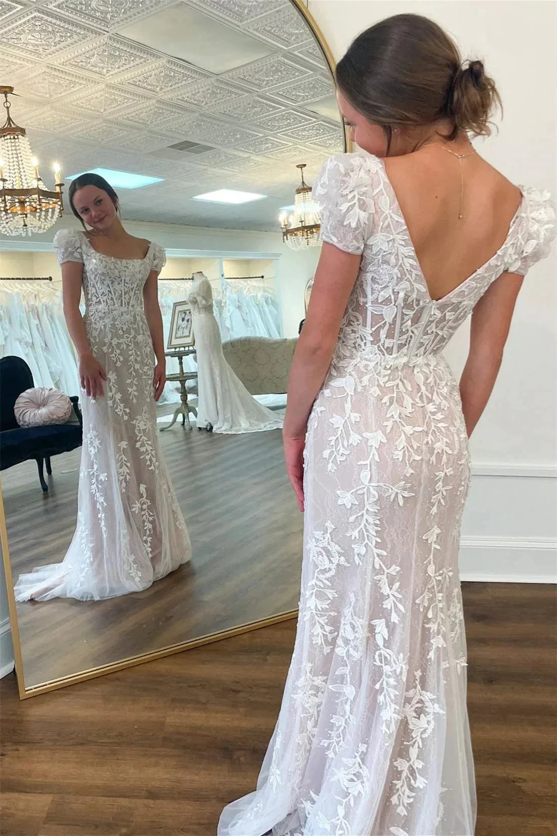 Theresa | Champagne Appliques Square Neck Puff Sleeves Long Prom Dress - Image 2