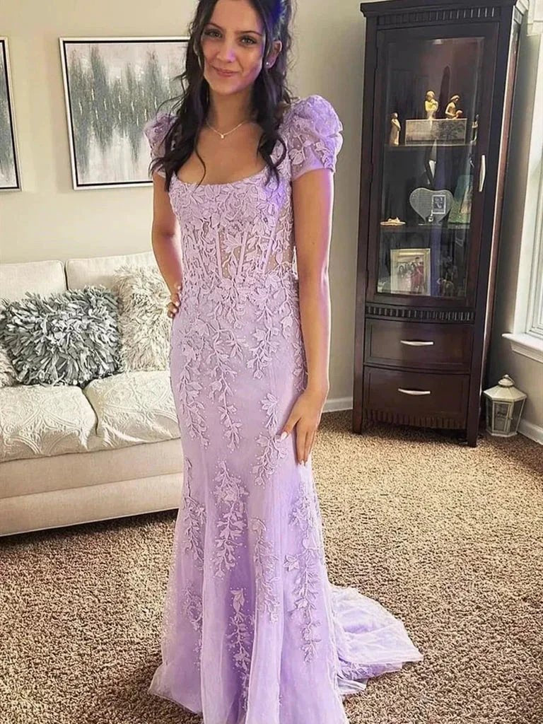 Theresa | Champagne Appliques Square Neck Puff Sleeves Long Prom Dress - Image 3