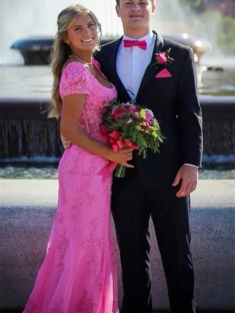 Theresa | Champagne Appliques Square Neck Puff Sleeves Long Prom Dress - Image 5