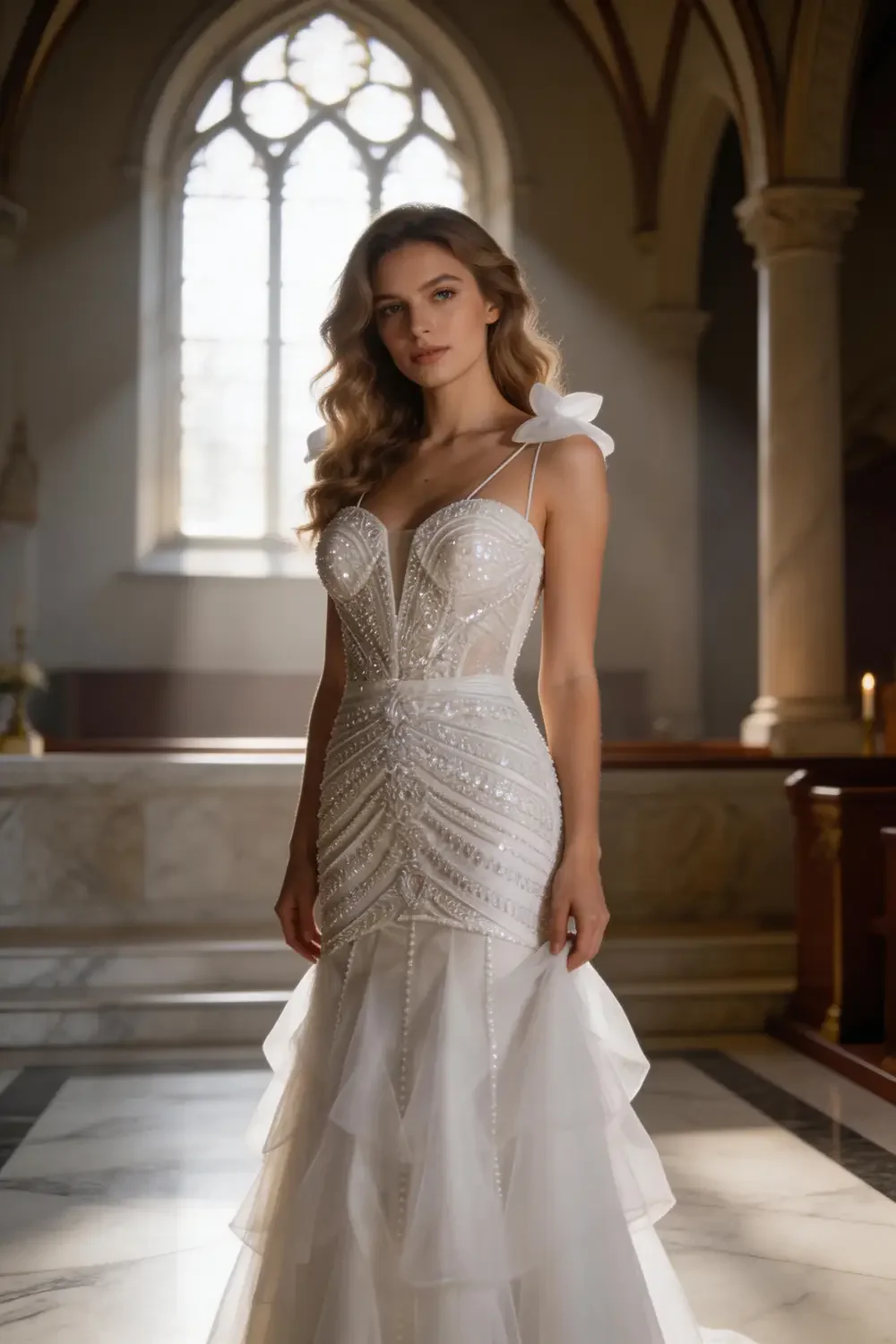 White Beaded Mermaid Wedding Dress With Deep V Neck And Ruffle Skirt - Image 2