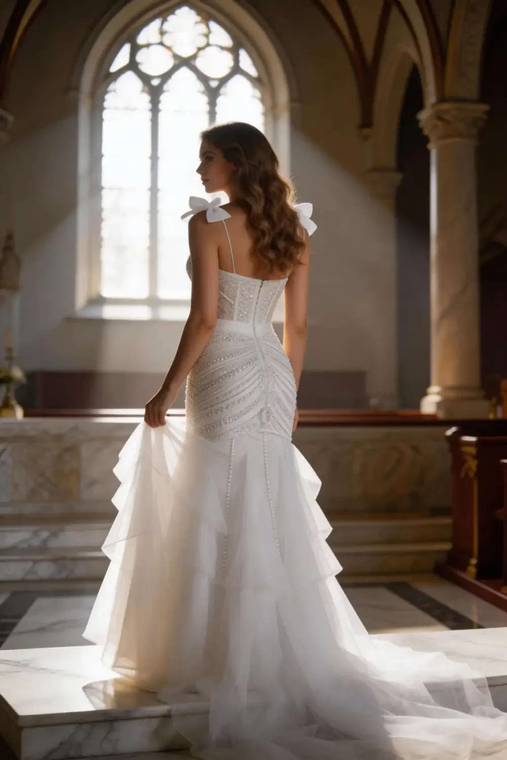 White Beaded Mermaid Wedding Dress With Deep V Neck And Ruffle Skirt - Image 3