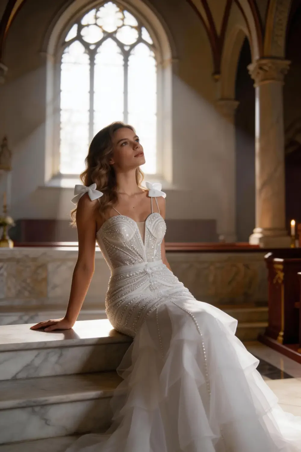 White Beaded Mermaid Wedding Dress With Deep V Neck And Ruffle Skirt - Image 4