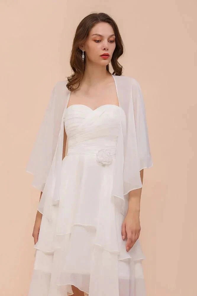 White Bridesmaid Dress Knee Length Two Layers of Wedding Guest Dress with Wraps - Image 3