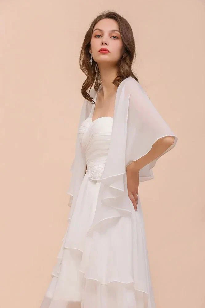 White Bridesmaid Dress Knee Length Two Layers of Wedding Guest Dress with Wraps - Image 4