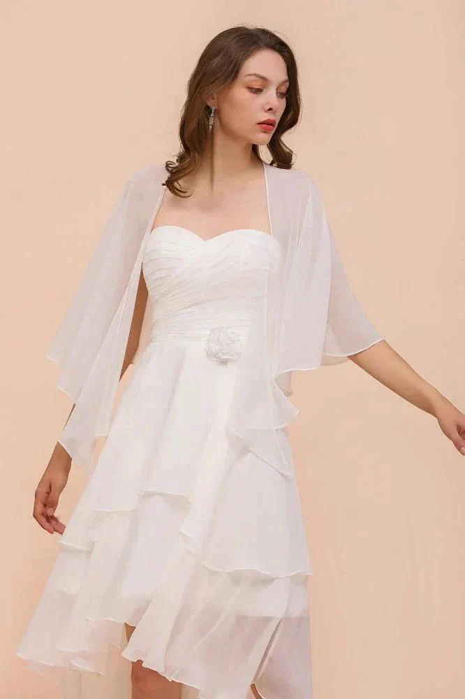 White Bridesmaid Dress Knee Length Two Layers of Wedding Guest Dress with Wraps - Image 5