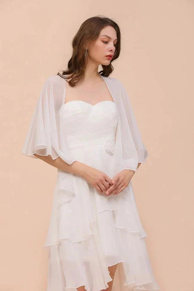 White Bridesmaid Dress Knee Length Two Layers of Wedding Guest Dress with Wraps - Image 6