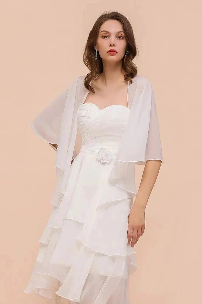 White Bridesmaid Dress Knee Length Two Layers of Wedding Guest Dress with Wraps - Image 8