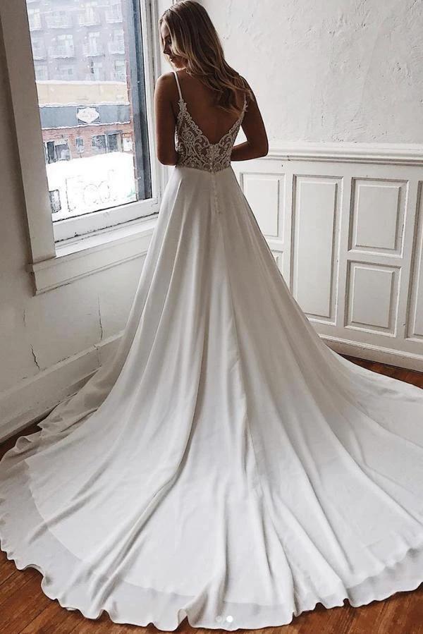 Chiffon A-line V-neck Lace Spaghetti Straps Wedding Dress with Sweep Train WD343 - Image 2
