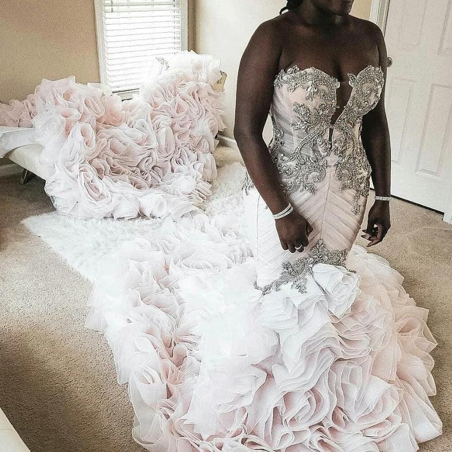 Plus Size Mermaid Crystal Lace Beads Sweetheart Long Train African Custom Made Ruffless Wedding Dress - Image 2