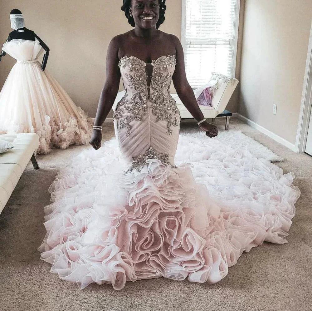 Plus Size Mermaid Crystal Lace Beads Sweetheart Long Train African Custom Made Ruffless Wedding Dress - Image 3