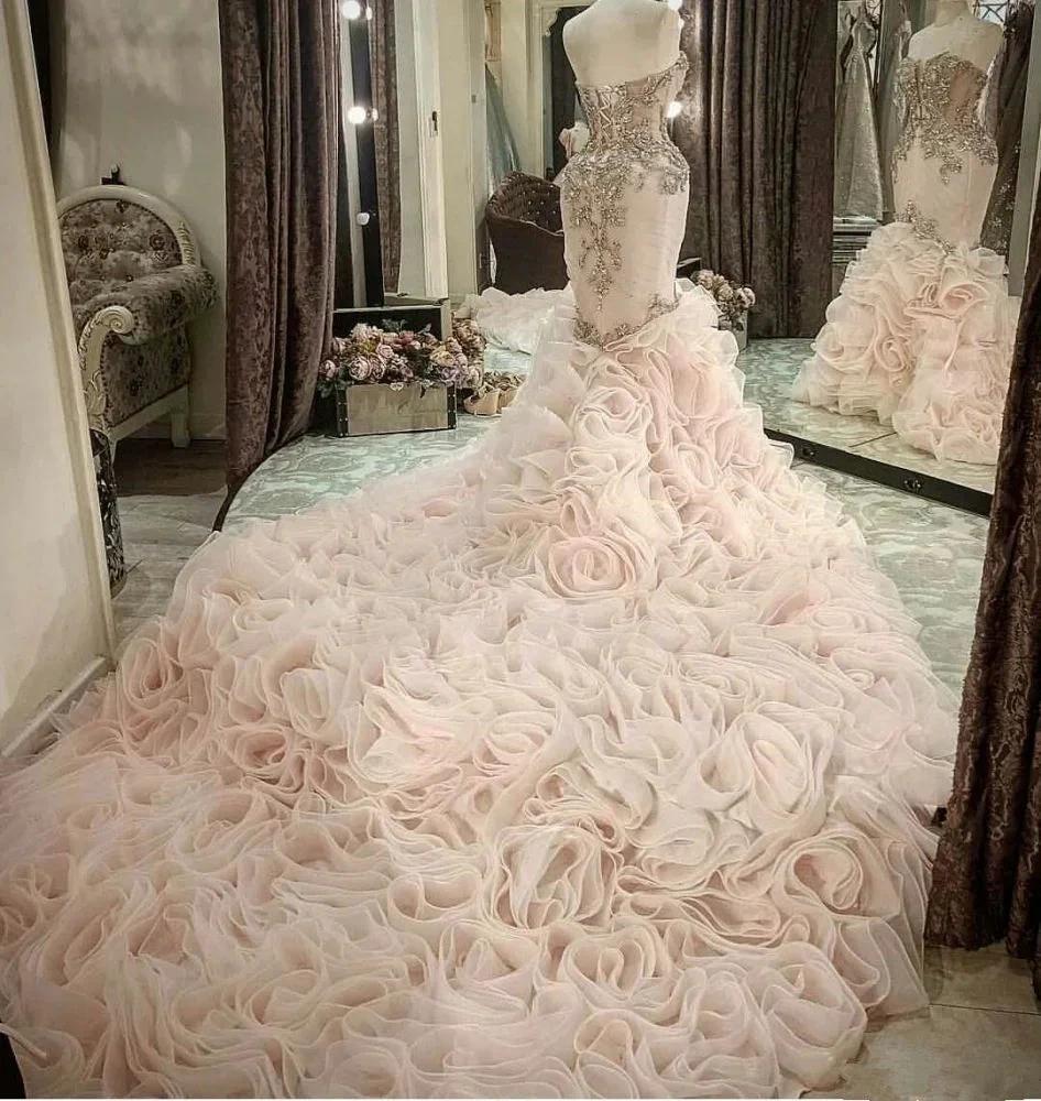 Plus Size Mermaid Crystal Lace Beads Sweetheart Long Train African Custom Made Ruffless Wedding Dress - Image 4