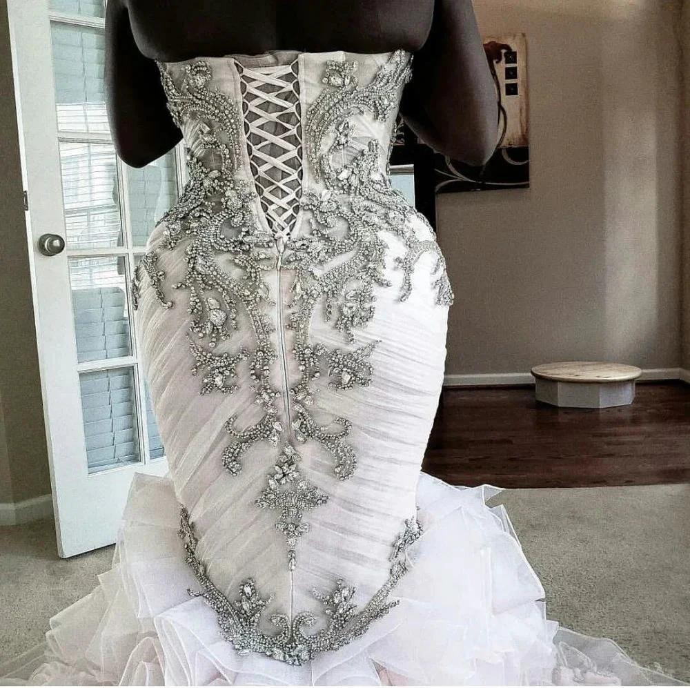 Plus Size Mermaid Crystal Lace Beads Sweetheart Long Train African Custom Made Ruffless Wedding Dress - Image 5