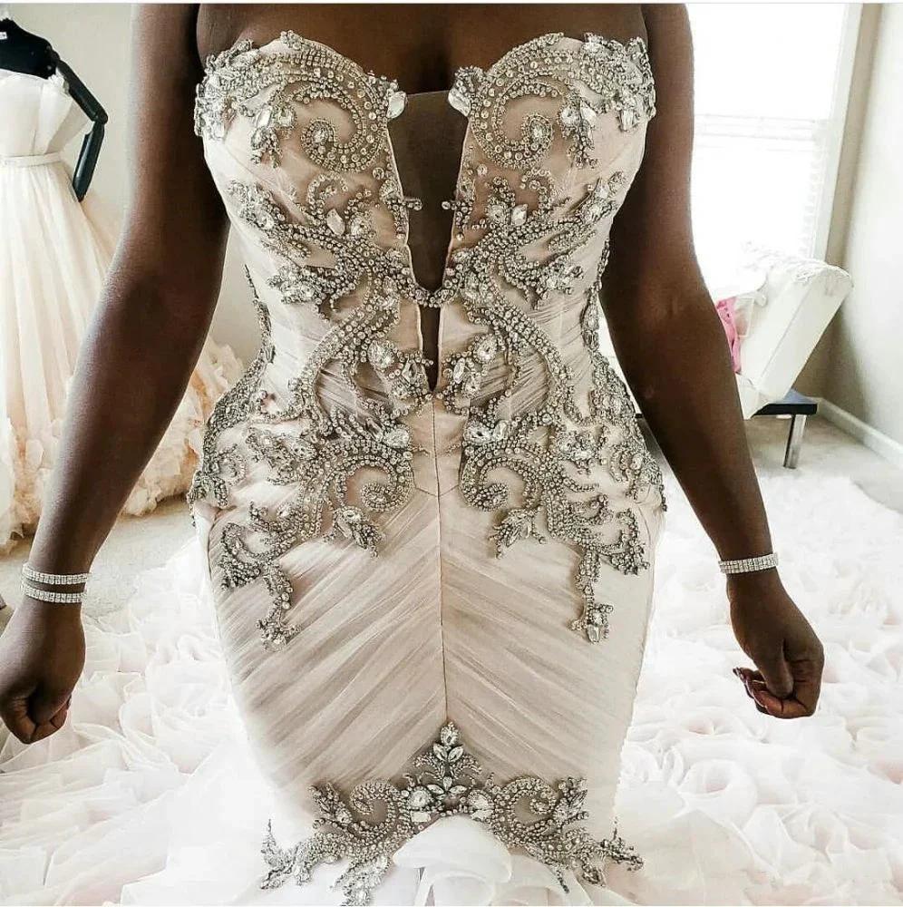 Plus Size Mermaid Crystal Lace Beads Sweetheart Long Train African Custom Made Ruffless Wedding Dress - Image 6