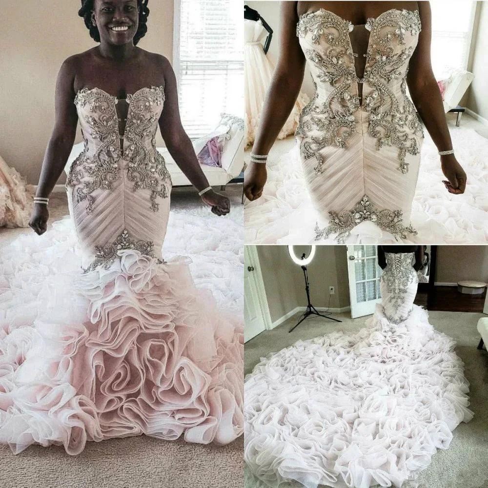 Plus Size Mermaid Crystal Lace Beads Sweetheart Long Train African Custom Made Ruffless Wedding Dress - Image 7