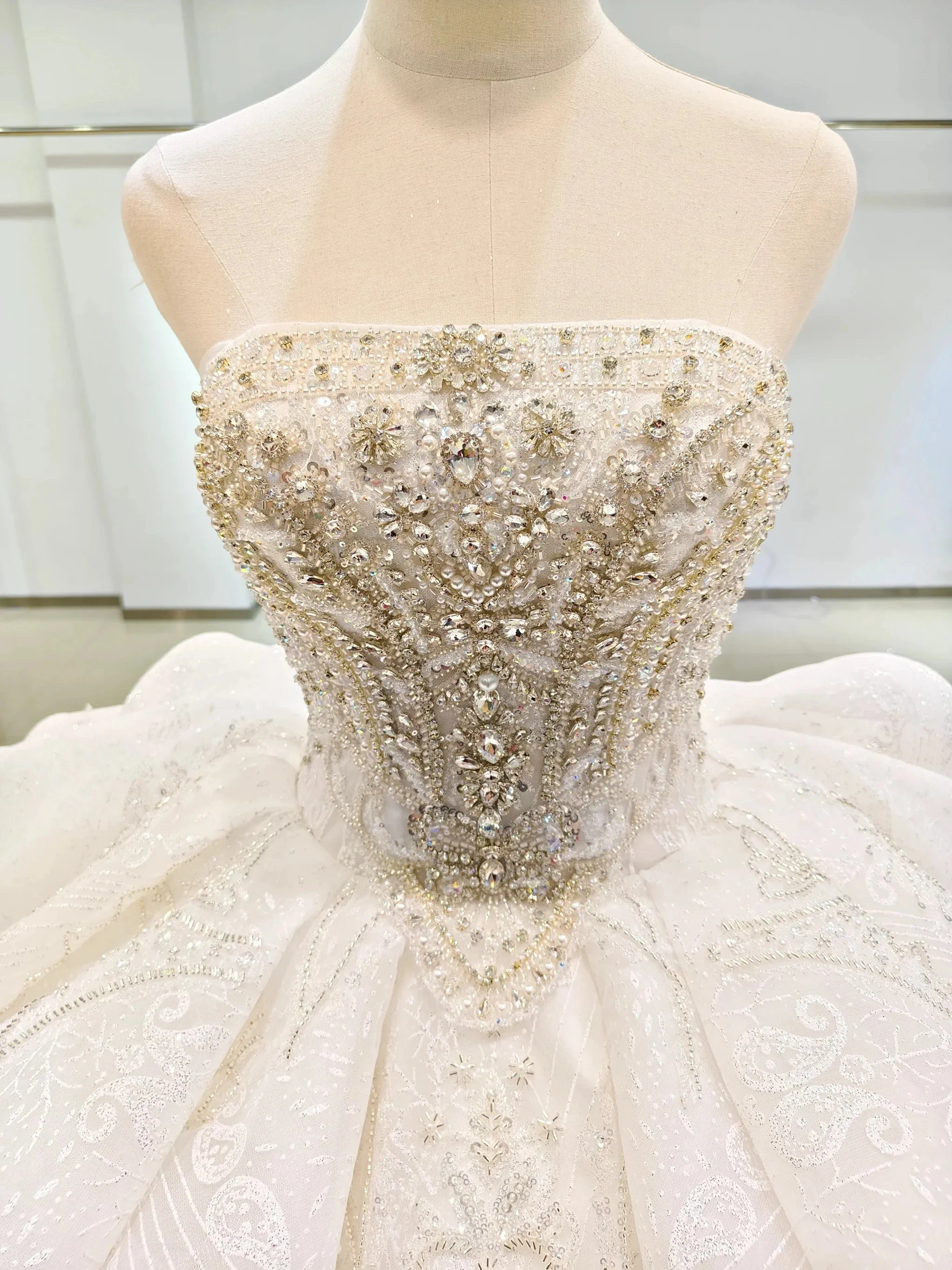 White Gleam Strapless Ballgown Beaded Bust & Ruffled Train - Image 2