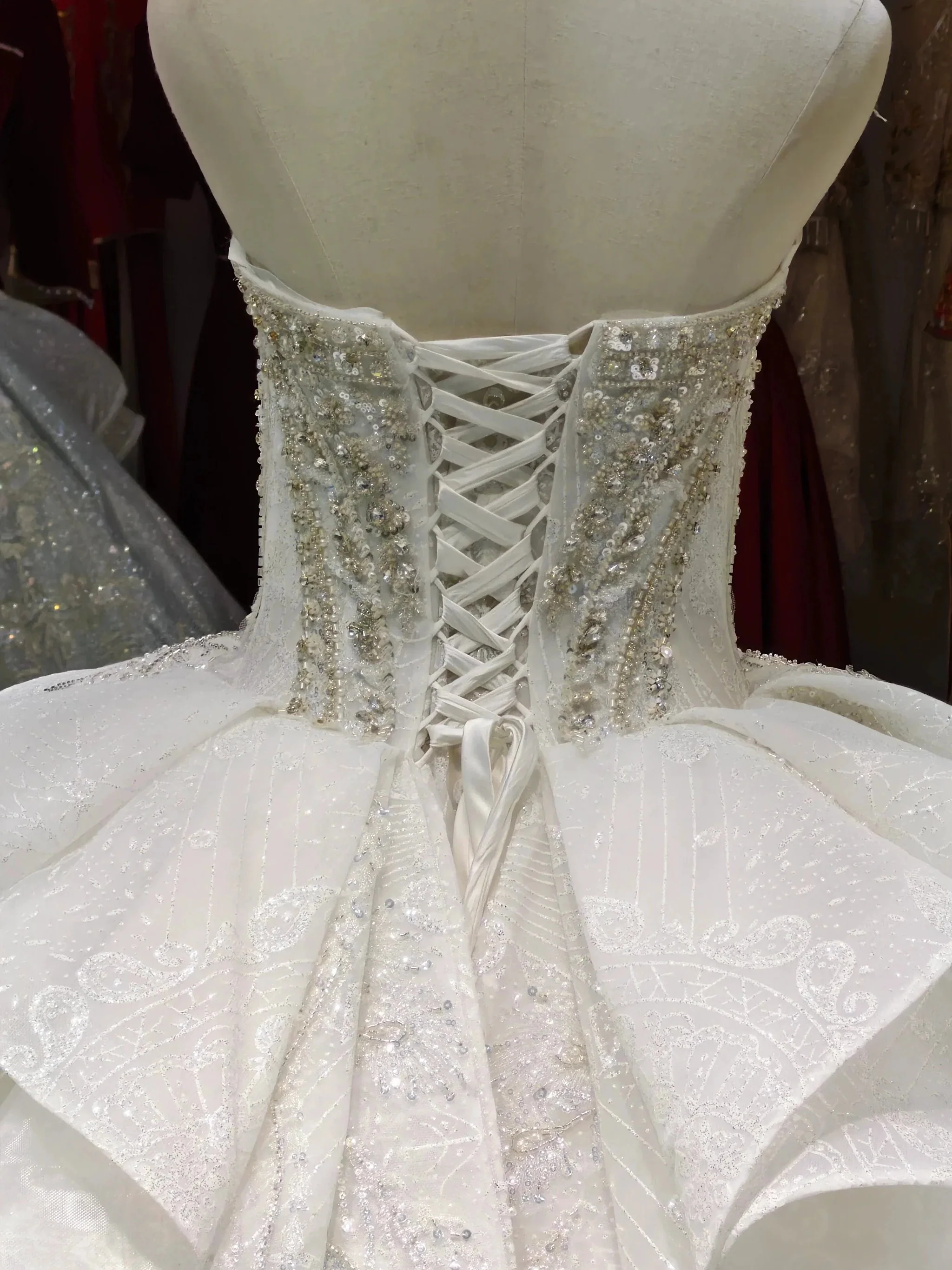 White Gleam Strapless Ballgown Beaded Bust & Ruffled Train - Image 3