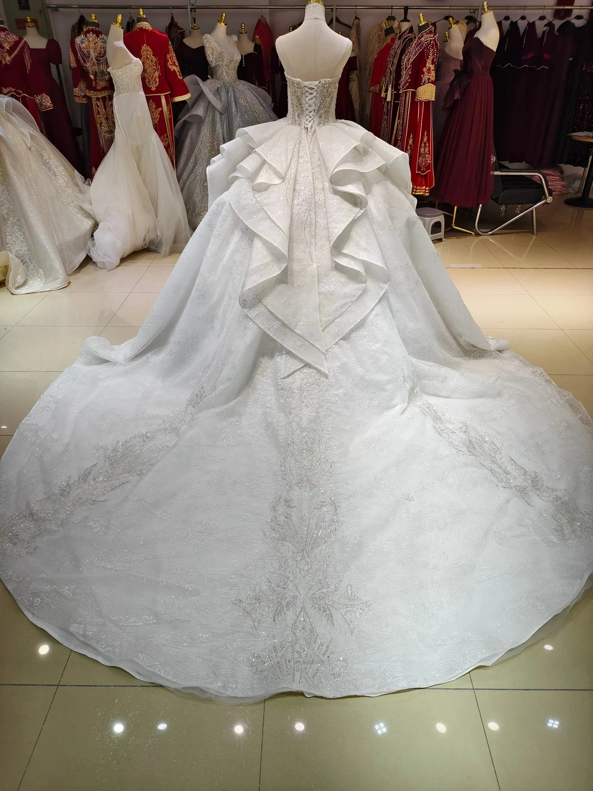 White Gleam Strapless Ballgown Beaded Bust & Ruffled Train - Image 4
