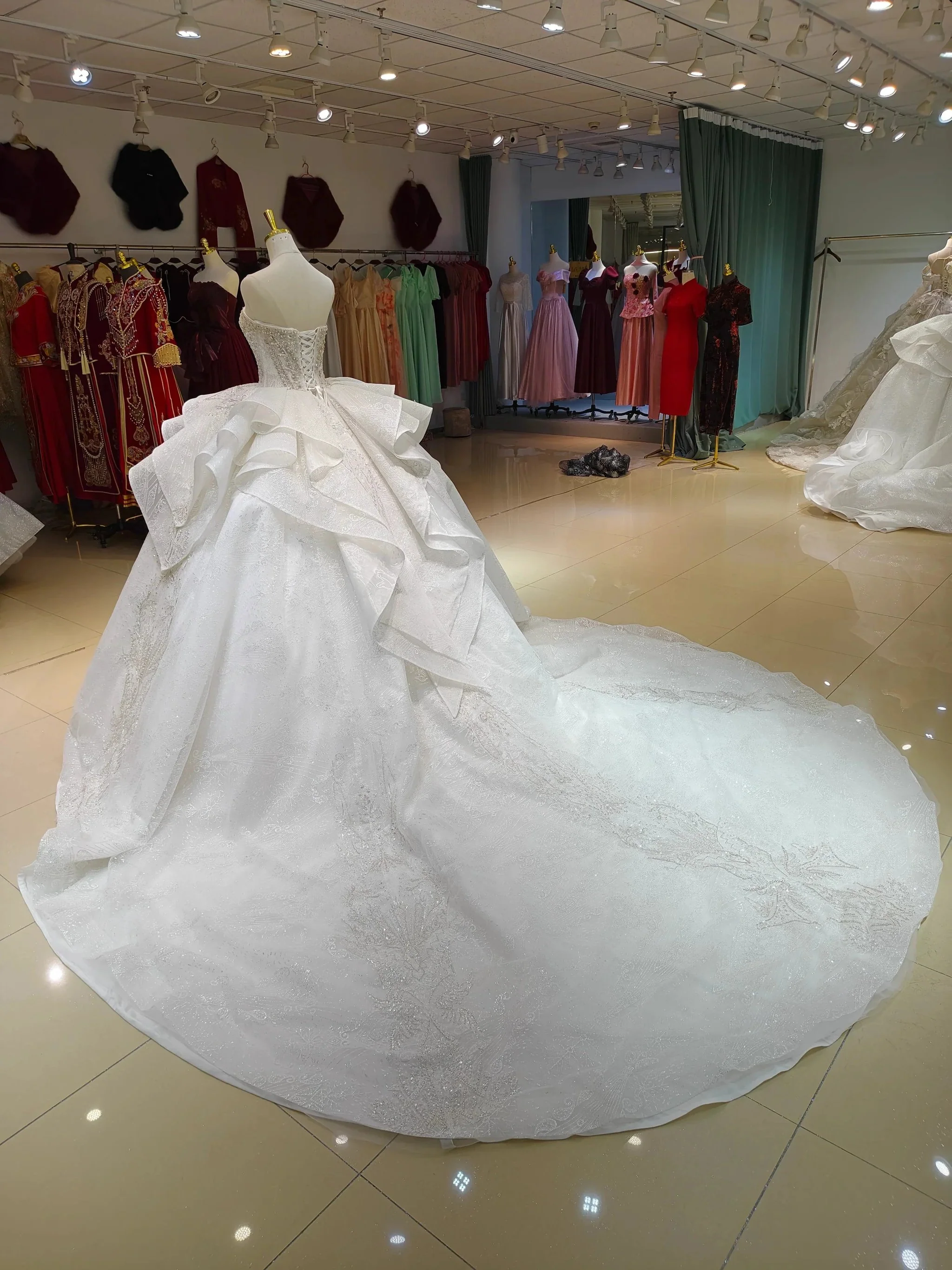 White Gleam Strapless Ballgown Beaded Bust & Ruffled Train - Image 5