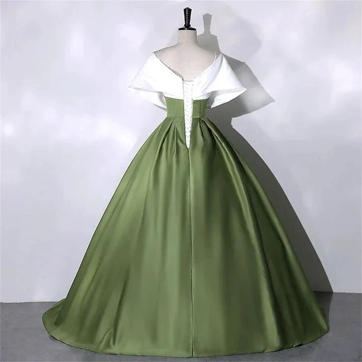 White+Green Satin Prom Dress Elegant Quinceanera Dress Floor Length Green Dress Evening Dress Girls Princess Dress Y4598 - Image 3