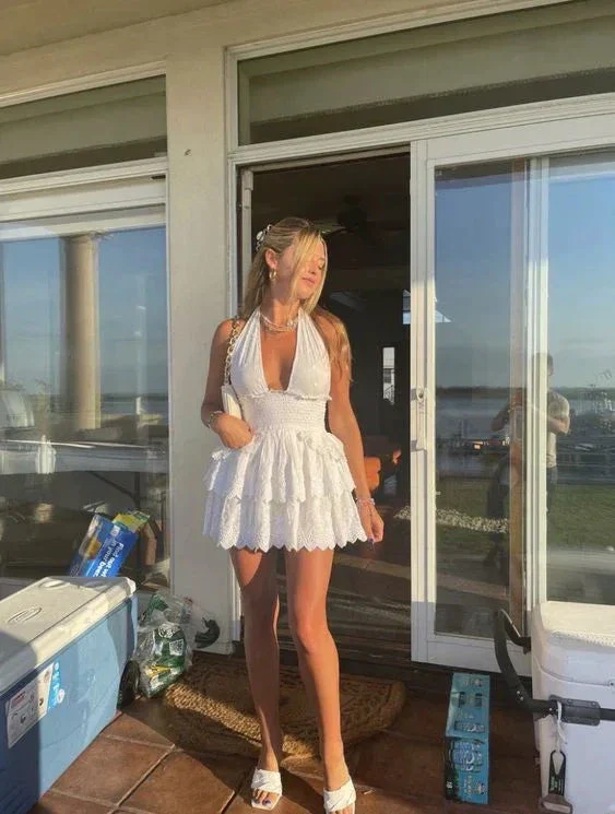 White Halter Neckline Homecoming Dress Short Party Dress Y2018 - Image 2