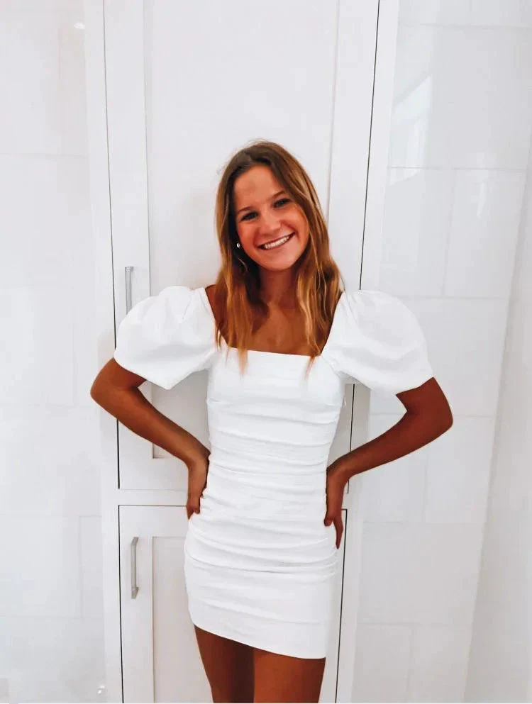 White Homecoming Dress with Puff Sleeves White Party Dress Y2276 - Image 2