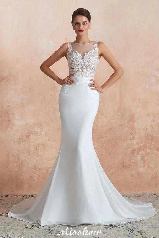 White Illusion Neck Column Wedding Dress Sleeveless Bridal Gowns - Image 2