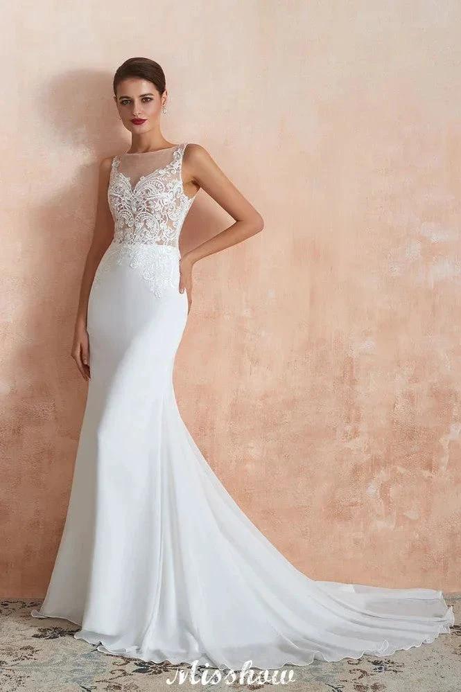 White Illusion Neck Column Wedding Dress Sleeveless Bridal Gowns - Image 3