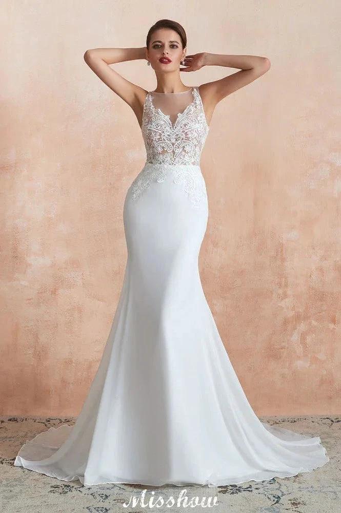 White Illusion Neck Column Wedding Dress Sleeveless Bridal Gowns - Image 4