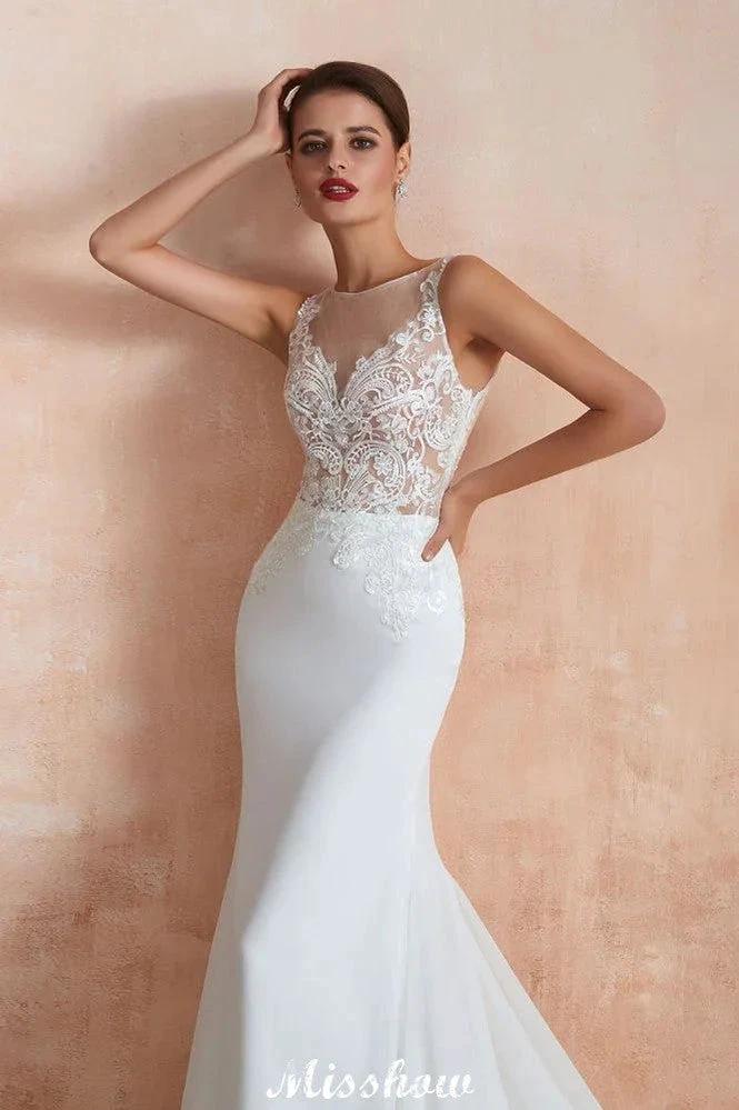 White Illusion Neck Column Wedding Dress Sleeveless Bridal Gowns - Image 5