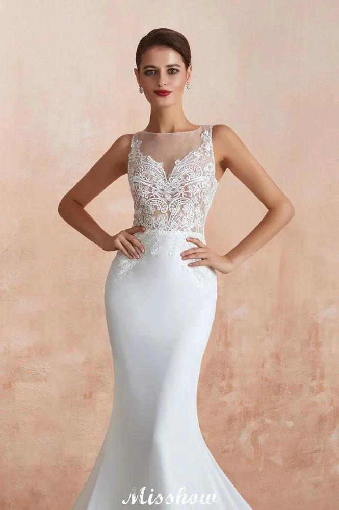 White Illusion Neck Column Wedding Dress Sleeveless Bridal Gowns - Image 6