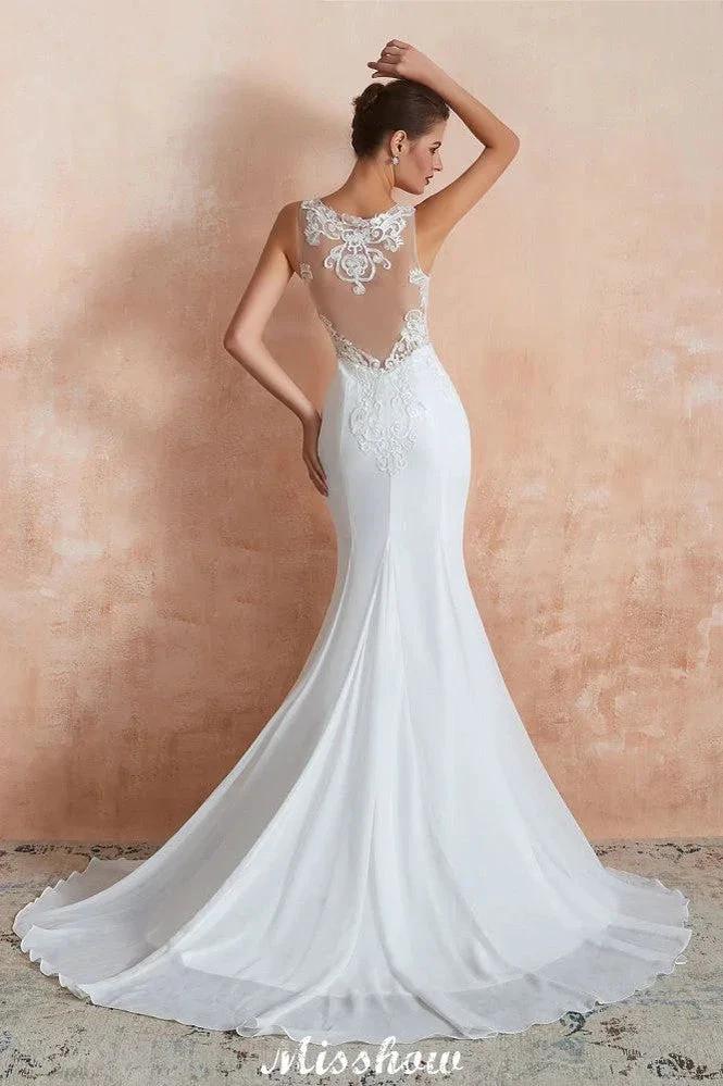 White Illusion Neck Column Wedding Dress Sleeveless Bridal Gowns - Image 8