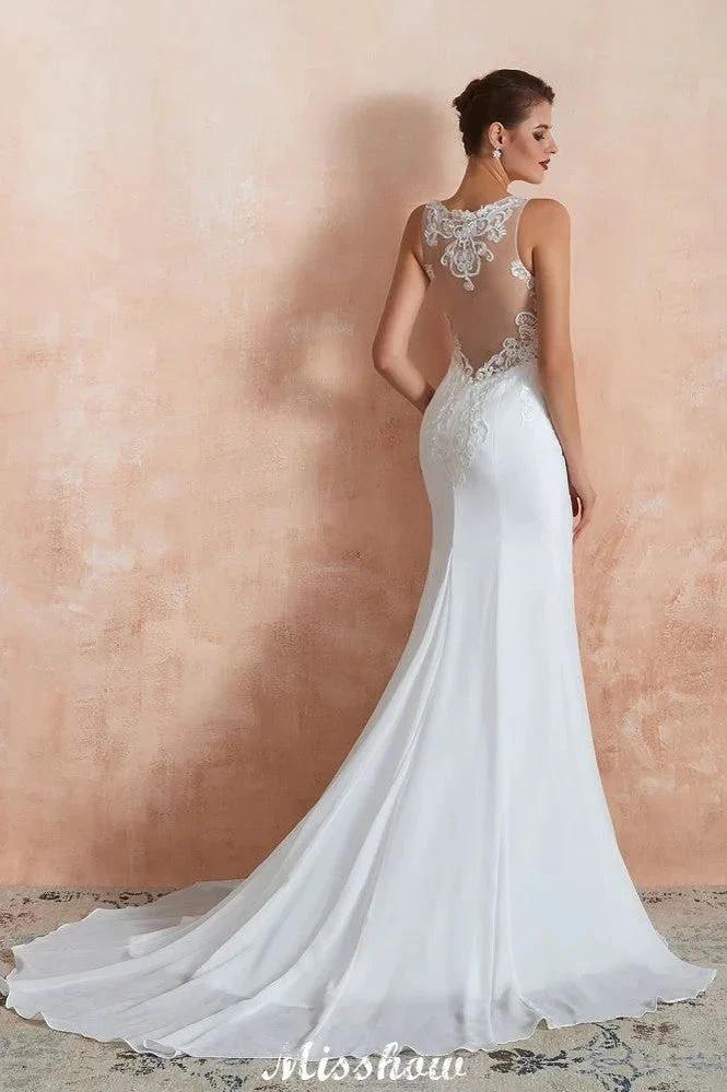 White Illusion Neck Column Wedding Dress Sleeveless Bridal Gowns - Image 9