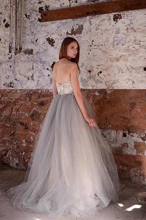 A-line White Lace  Grey Tulle Strapless Sweetheart Neck Wedding Dress WD071 - Image 2