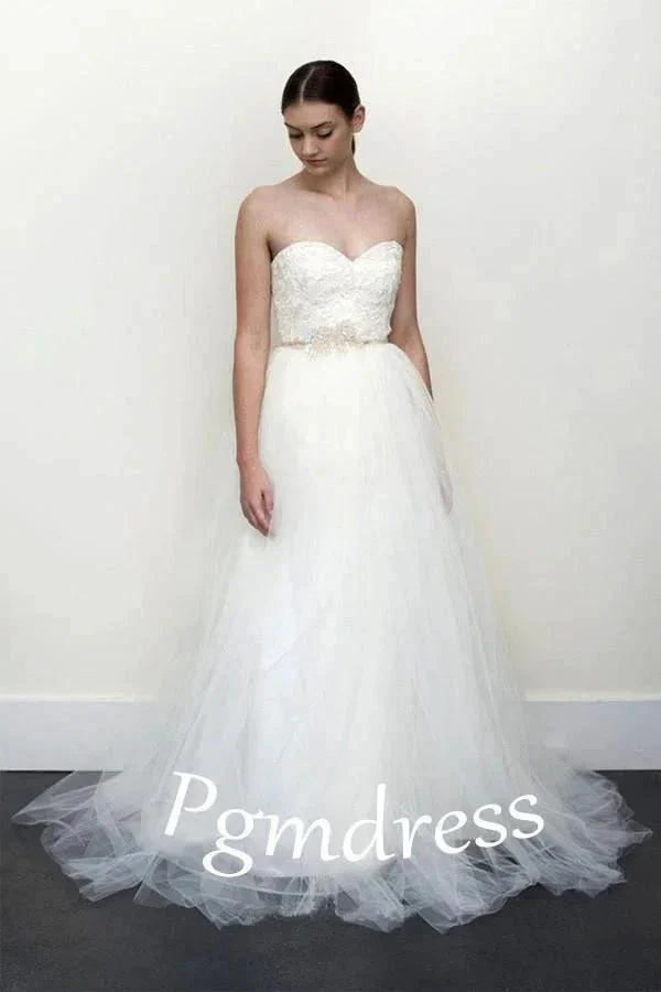 A-line White Lace  Grey Tulle Strapless Sweetheart Neck Wedding Dress WD071 - Image 3
