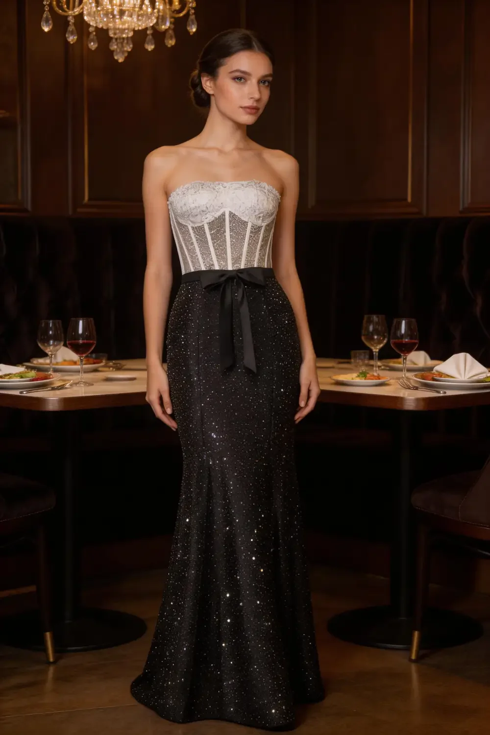 White Lace Corset Strapless Mermaid Prom Dress With Black Satin Bow - Image 2