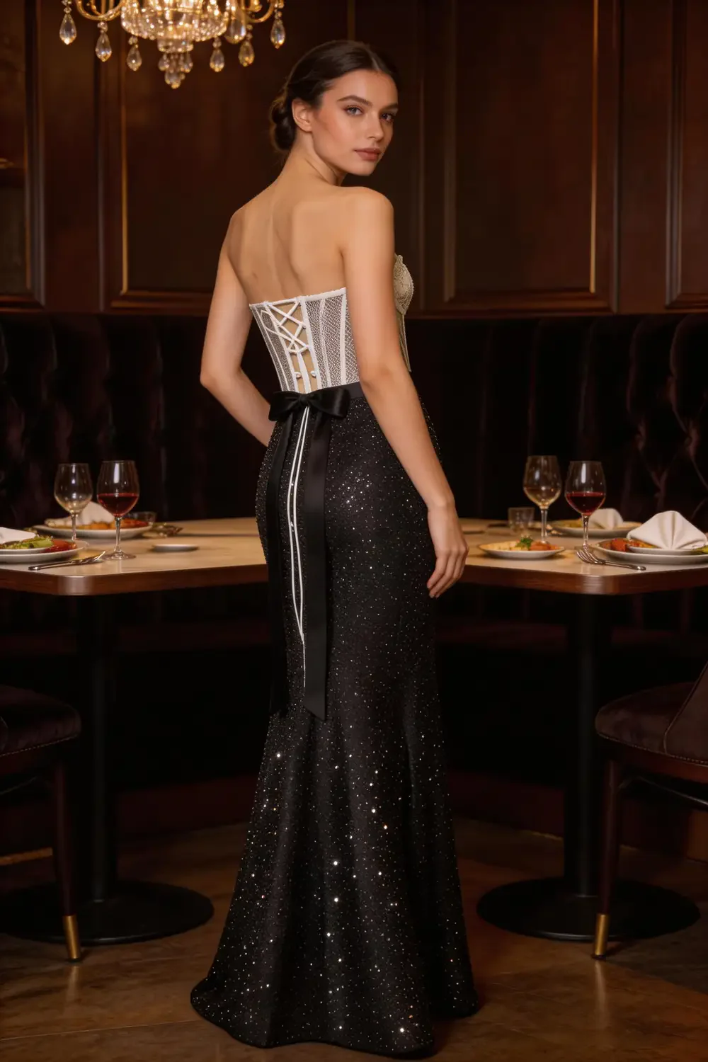 White Lace Corset Strapless Mermaid Prom Dress With Black Satin Bow - Image 3