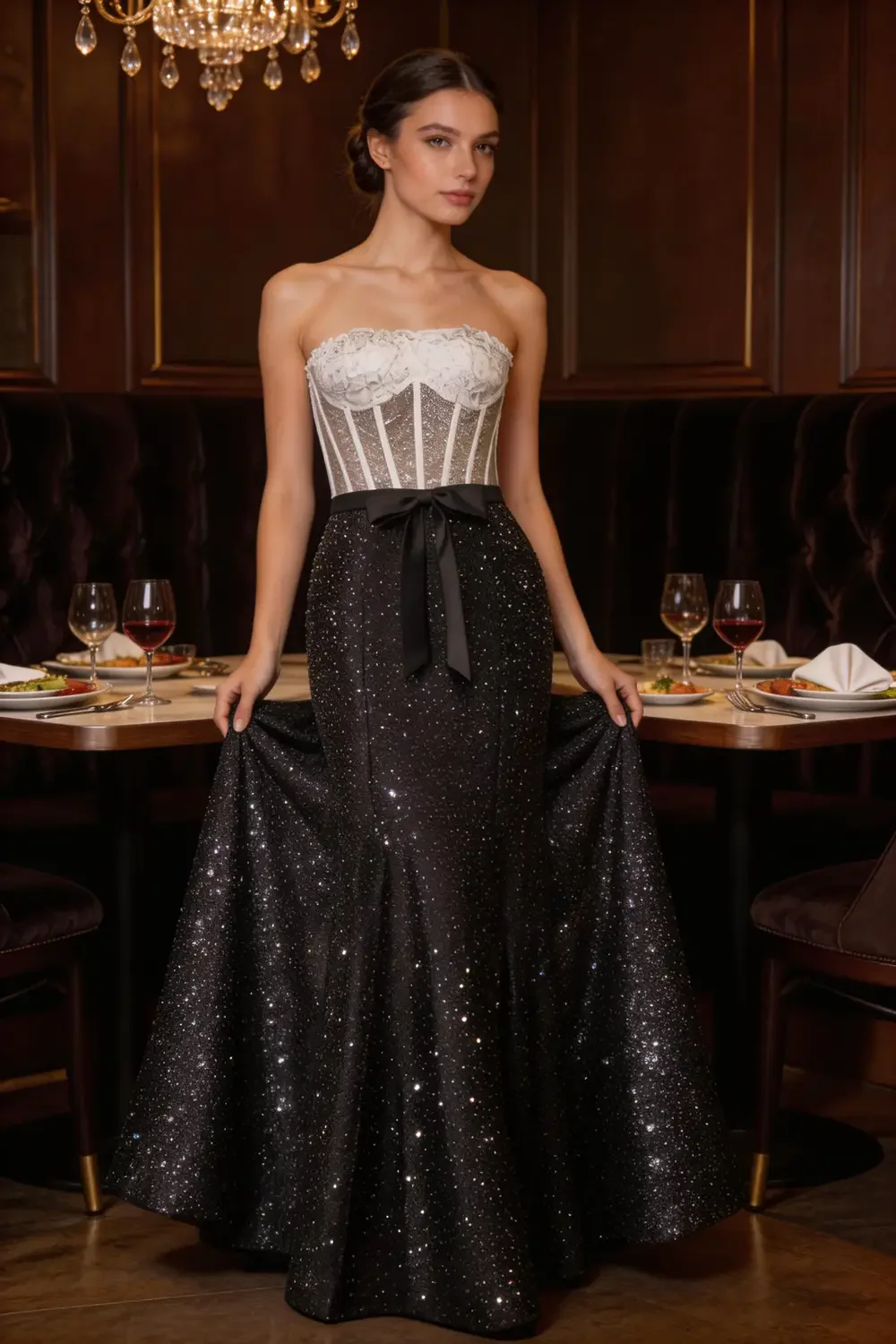 White Lace Corset Strapless Mermaid Prom Dress With Black Satin Bow - Image 4