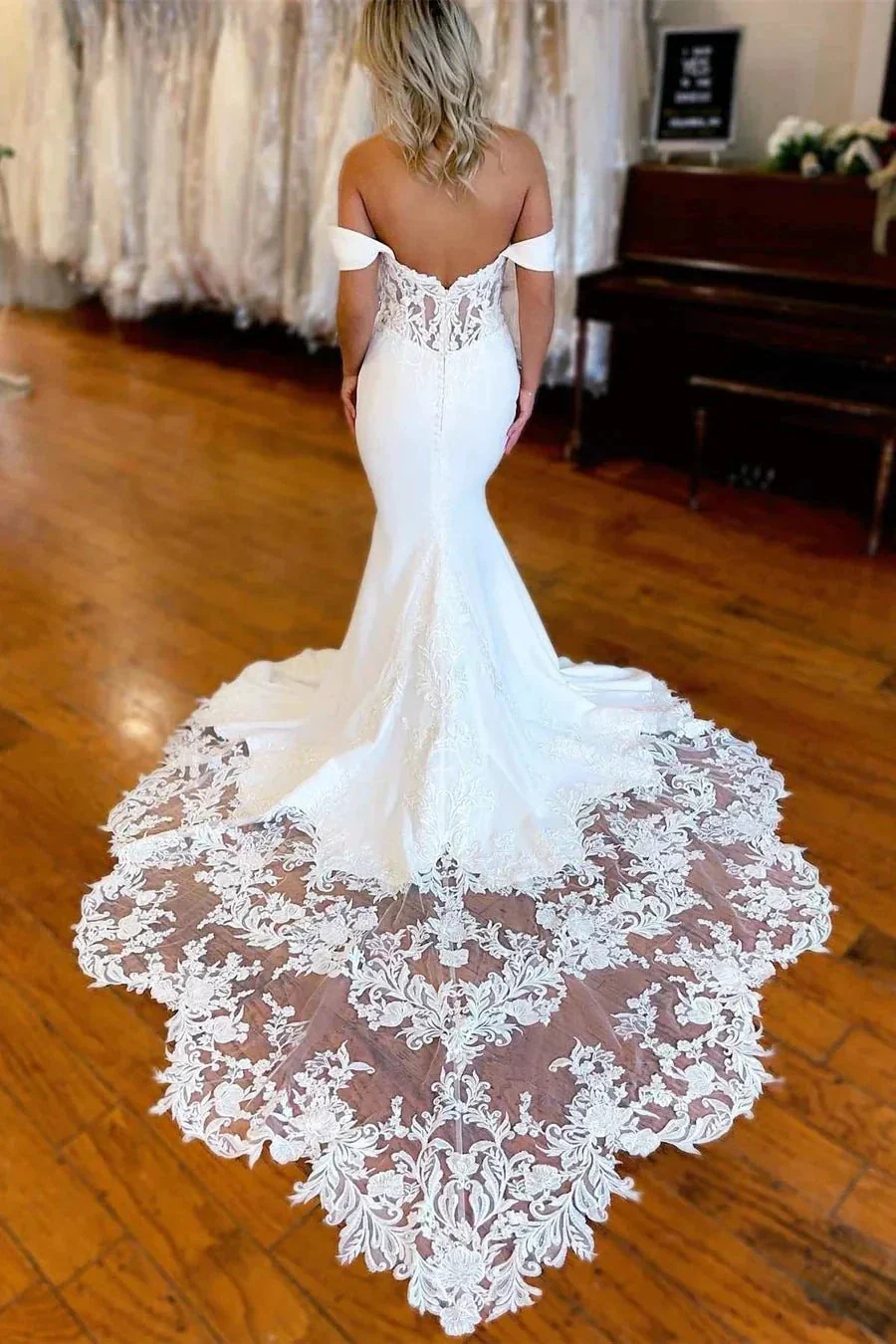 White Lace-Trimmed Off The Shoulder Mermaid Long Wedding Dress WD635 - Image 2