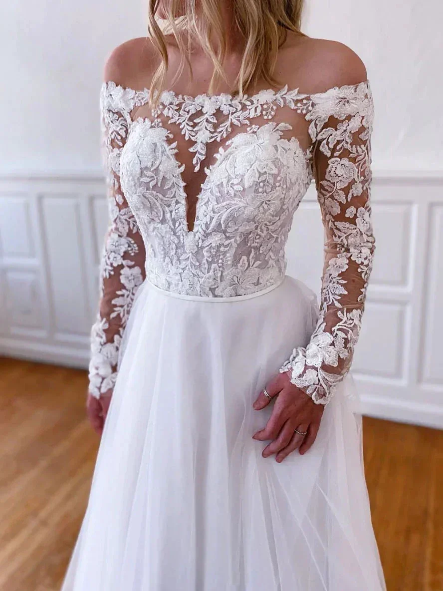 White lace tulle long prom dress, white lace tulle evening dress Y251 - Image 2