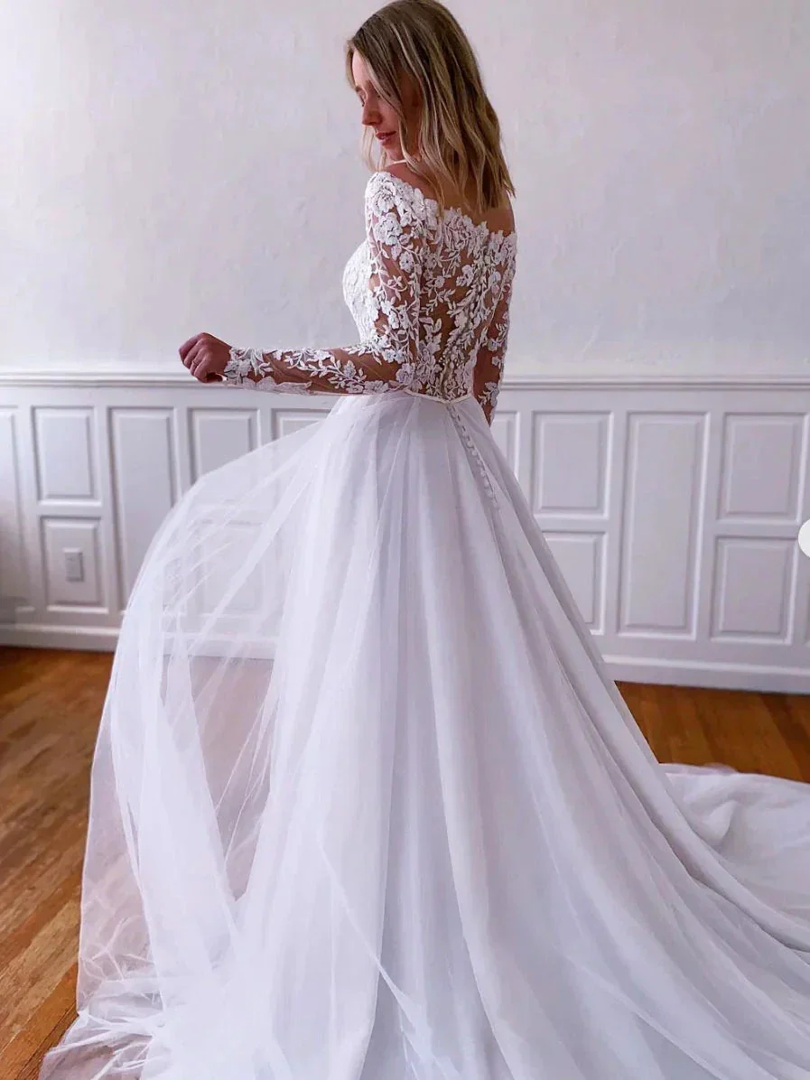 White lace tulle long prom dress, white lace tulle evening dress Y251 - Image 3