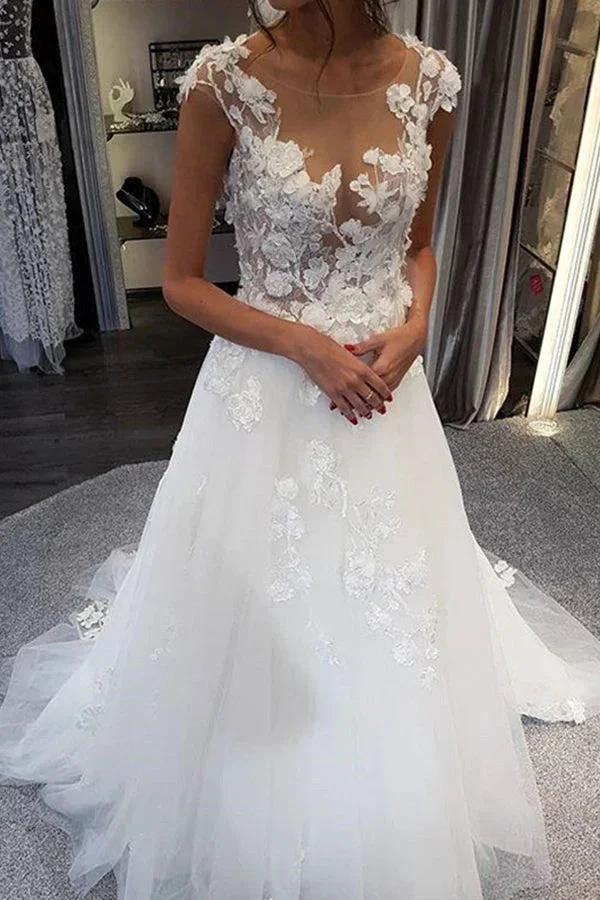 White Long A-line Tulle Lace Appiliques Wedding Dresses - Image 2