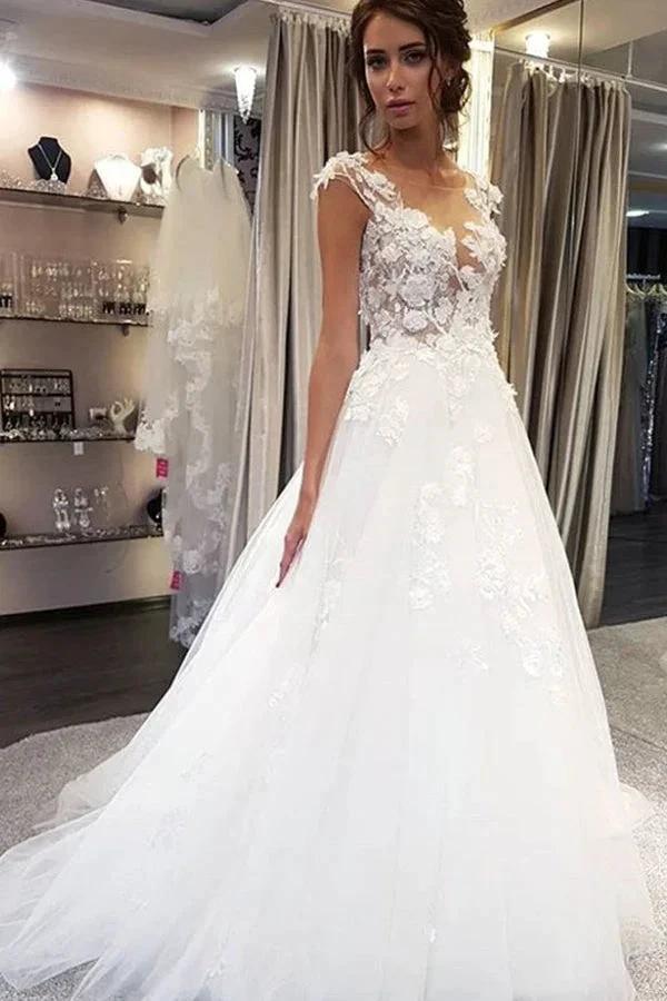 White Long A-line Tulle Lace Appiliques Wedding Dresses - Image 3